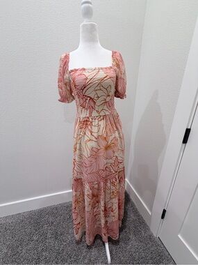 Floral Square-Neck Maxi Dress in Pink and Cream